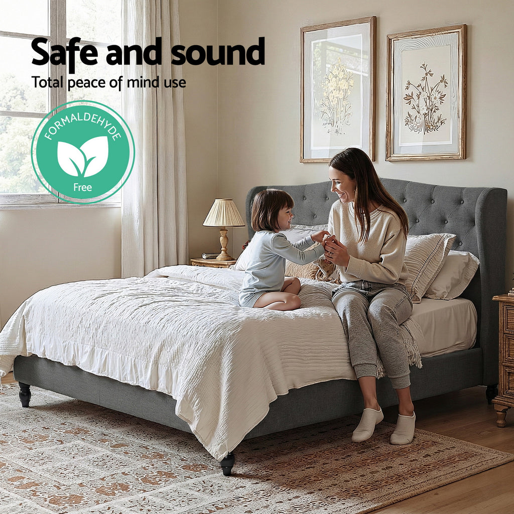 King Bed Frame – Wingback Headboard Grey Linen Upholstered Platform Bed Base