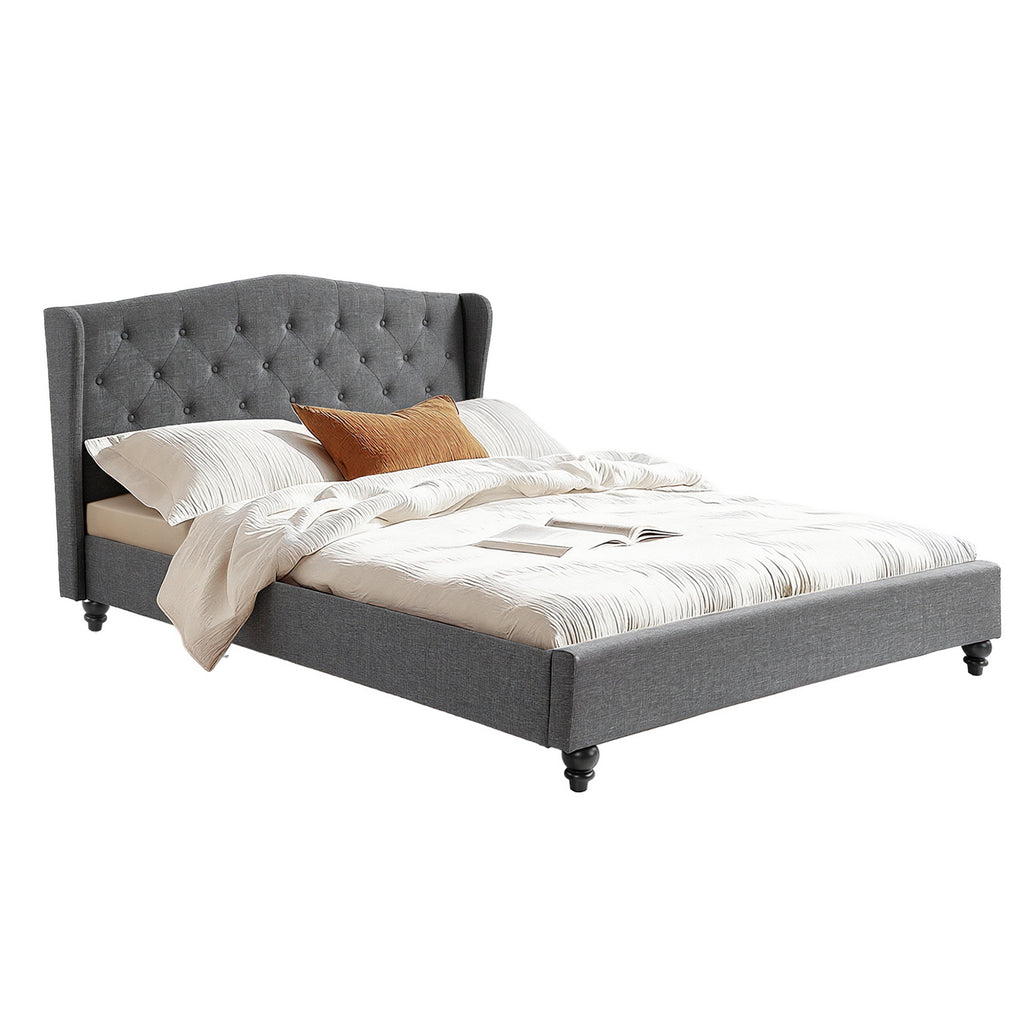 Artiss Queen Bed Frame with Wingback Headboard Grey Linen Upholstered Platform Bed Base
