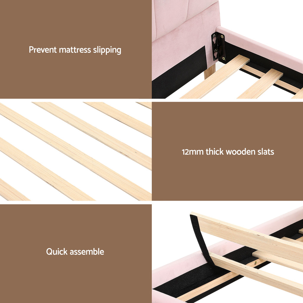 Artiss Bed Frame King Single with Bedside Table Set Scallop Headboard Pink Velvet Fabric Beds Base