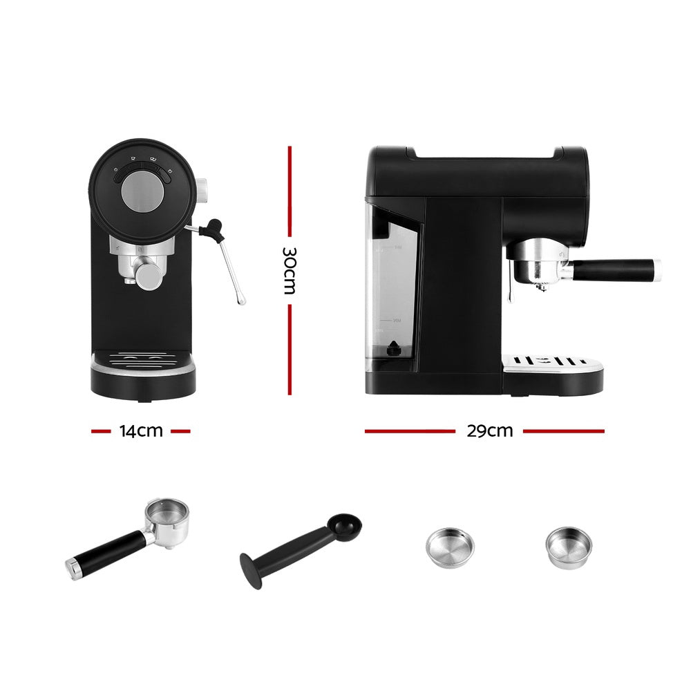 Devanti 20 Bar Espresso Coffee Machine – Compact Café Maker with Milk Frother &amp; Mug Warmer (Black)