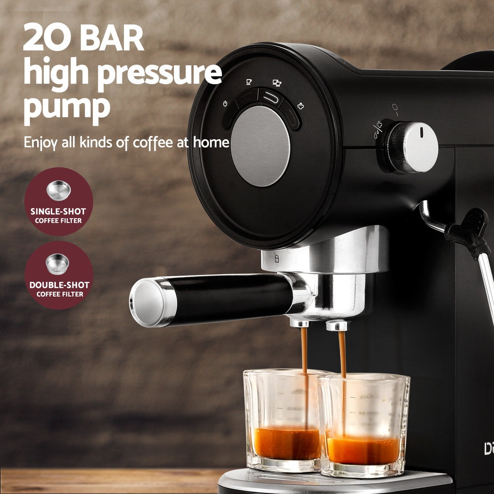 Devanti 20 Bar Espresso Coffee Machine – Compact Café Maker with Milk Frother &amp; Mug Warmer (Black)