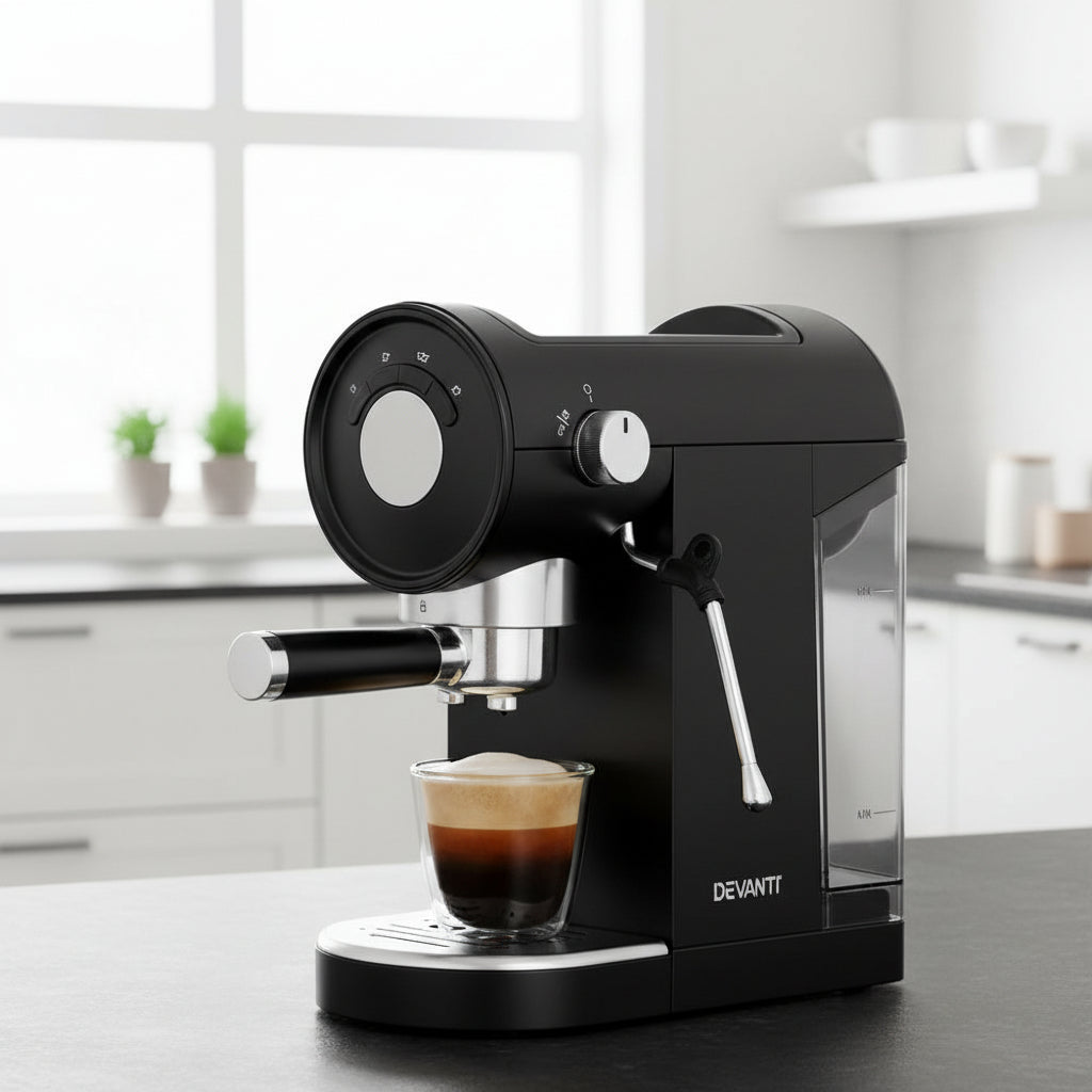 Devanti 20 Bar Espresso Coffee Machine – Compact Café Maker with Milk Frother &amp; Mug Warmer (Black)