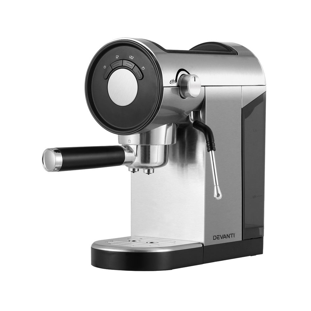 Silver espresso machine with black accents on a white background