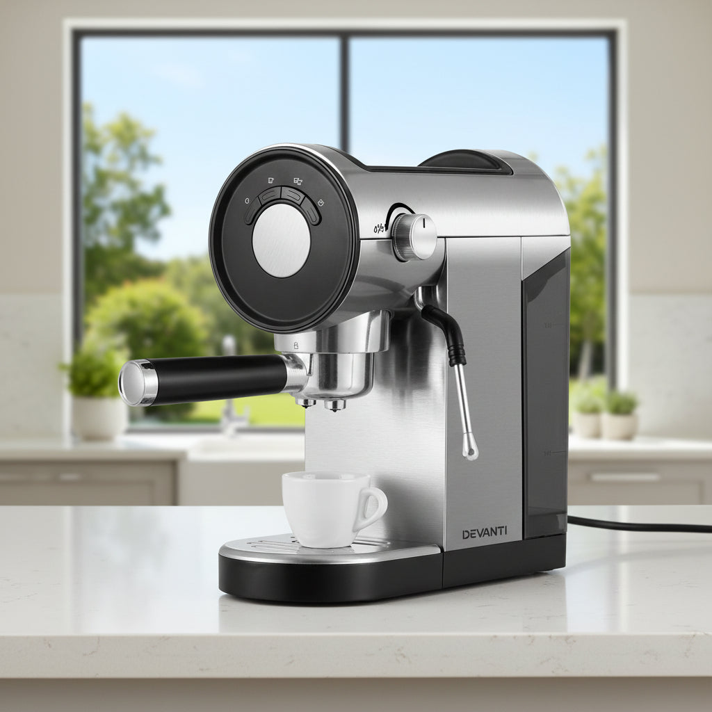 Silver espresso machine with black accents on a white background