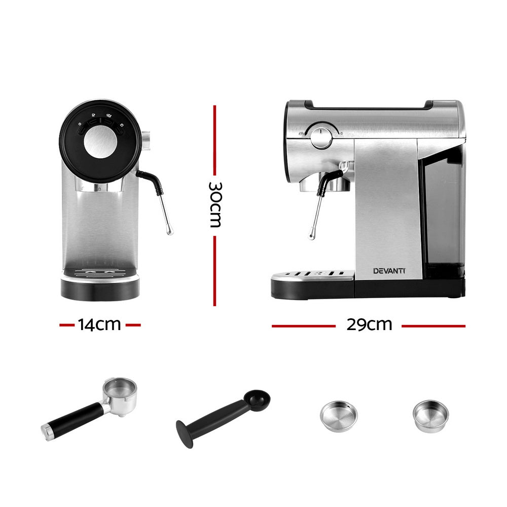 Devanti 20 Bar Coffee Machine | Espresso Cafe Maker | Milk Frother | Compact Design | Free Shipping
