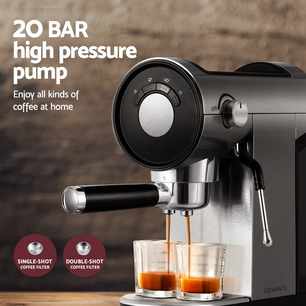 Devanti 20 Bar Coffee Machine | Espresso Cafe Maker | Milk Frother | Compact Design | Free Shipping