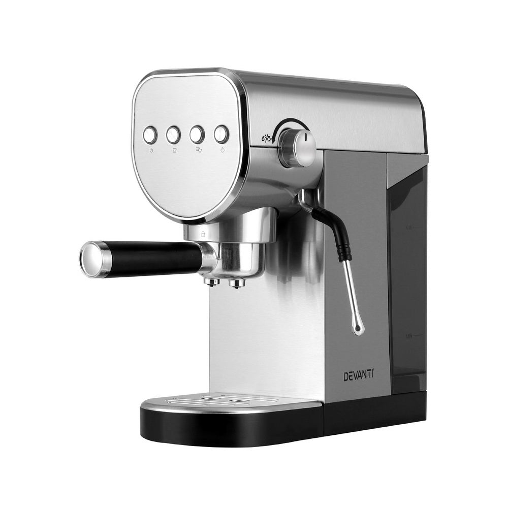 Silver espresso machine with black accents on a white background