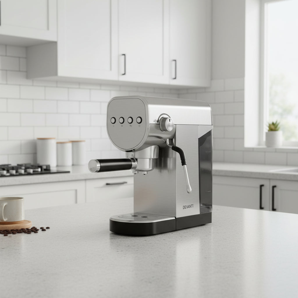 Stainless steel espresso machine with black accents on a white background