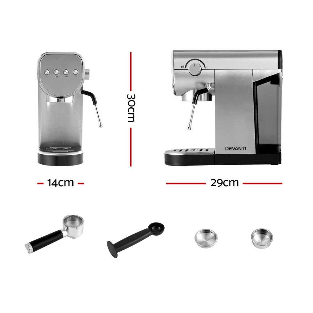 Devanti 20 Bar Coffee Machine | Espresso Cafe Maker | Milk Frother | Compact Design | Free Shipping