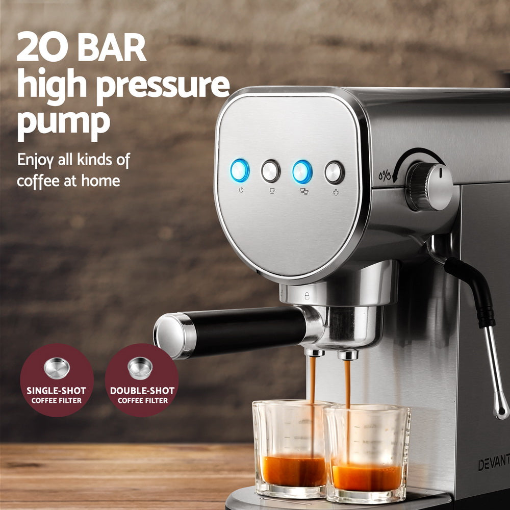 Devanti 20 Bar Coffee Machine | Espresso Cafe Maker | Milk Frother | Compact Design | Free Shipping