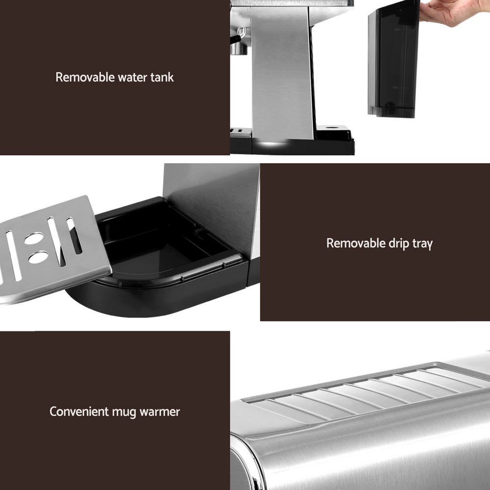 Devanti 20 Bar Coffee Machine | Espresso Cafe Maker | Milk Frother | Compact Design | Free Shipping