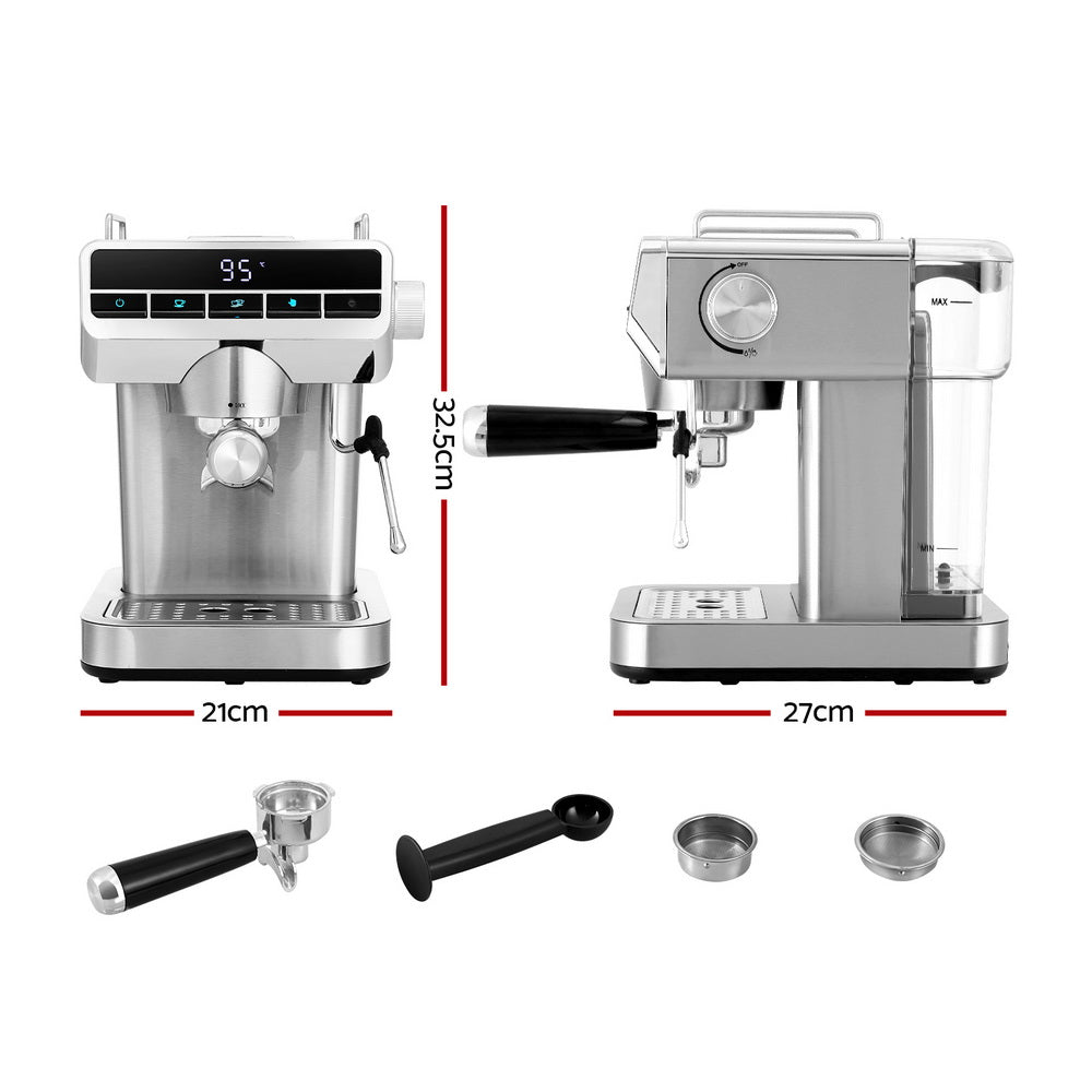 Devanti 20 Bar Coffee Machine | Espresso Café Maker | Stainless Steel | Milk Frother | 1.2L Tank