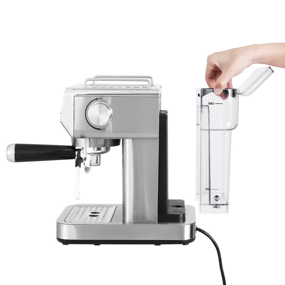 Devanti 20 Bar Coffee Machine | Espresso Café Maker | Stainless Steel | Milk Frother | 1.2L Tank