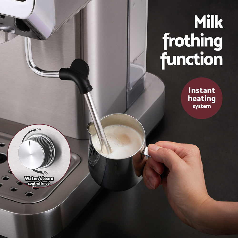 Devanti 20 Bar Coffee Machine | Espresso Café Maker | Stainless Steel | Milk Frother | 1.2L Tank