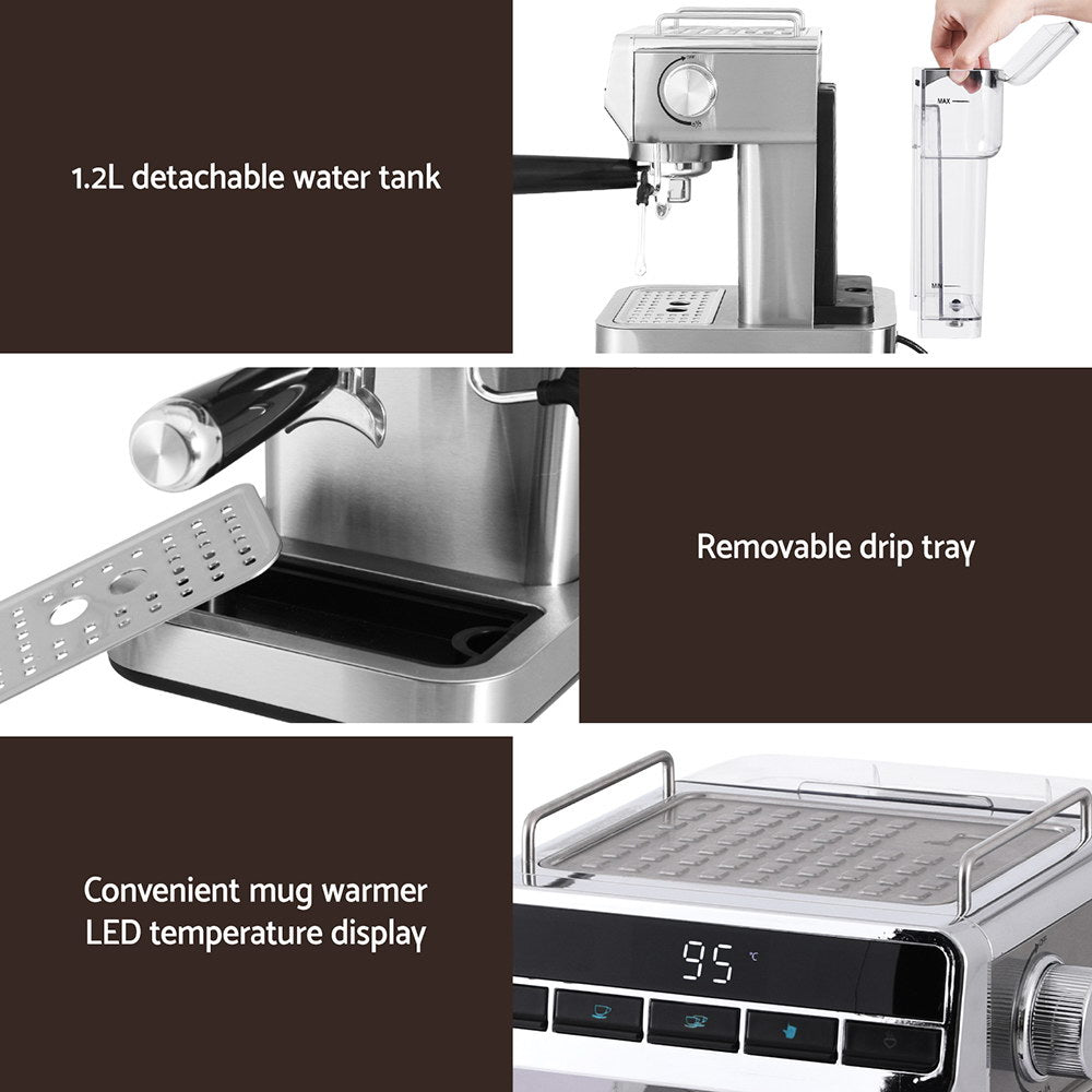 Devanti 20 Bar Coffee Machine | Espresso Café Maker | Stainless Steel | Milk Frother | 1.2L Tank