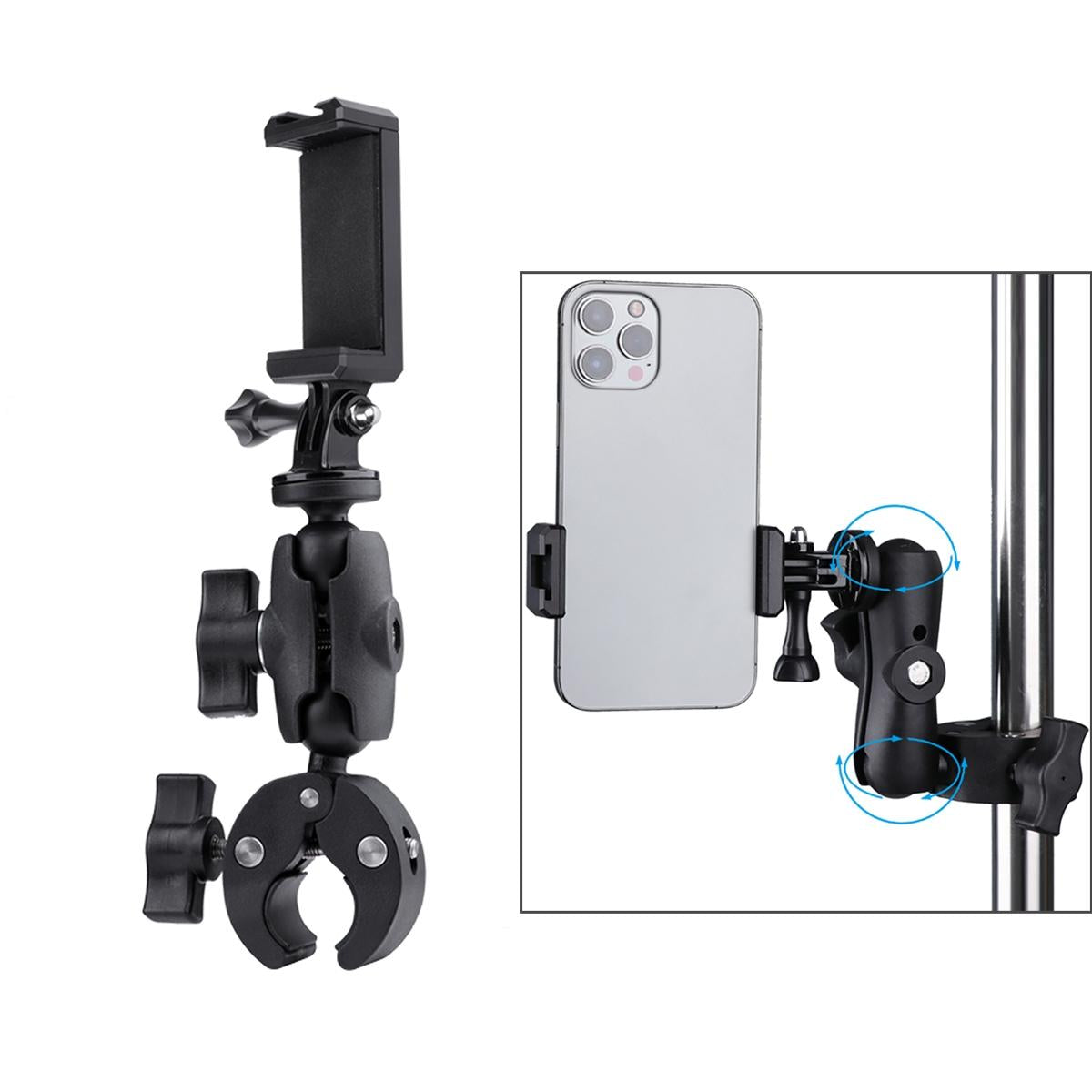 Adjustable Action Camera Clamp With 360 Rotation And Phone Holder-1915196490918268928