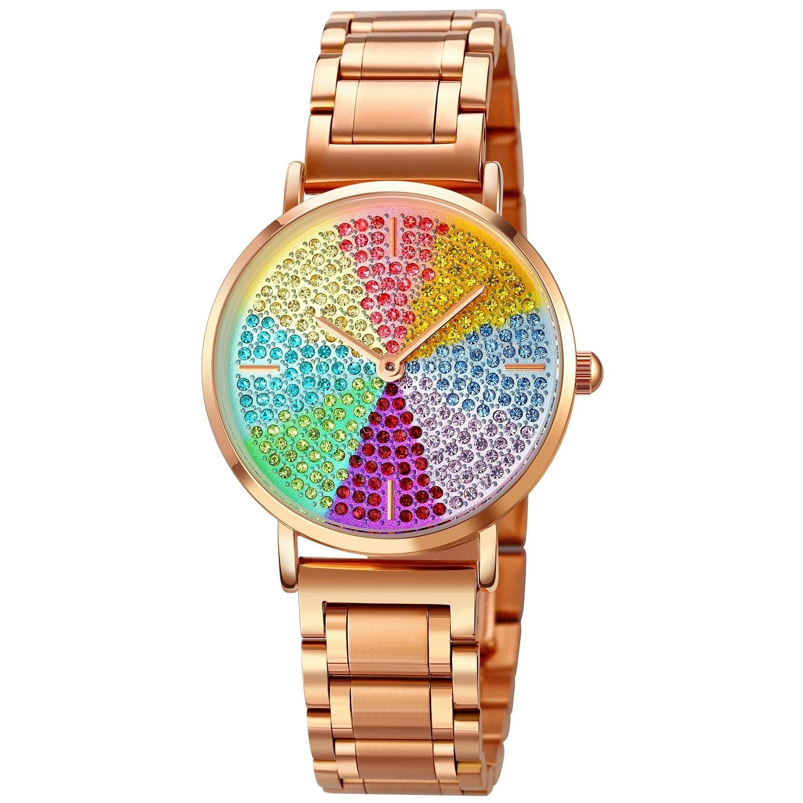Women Rose Gold Steel Watch With Eight Colour Diamond Dial-1922443424951308288