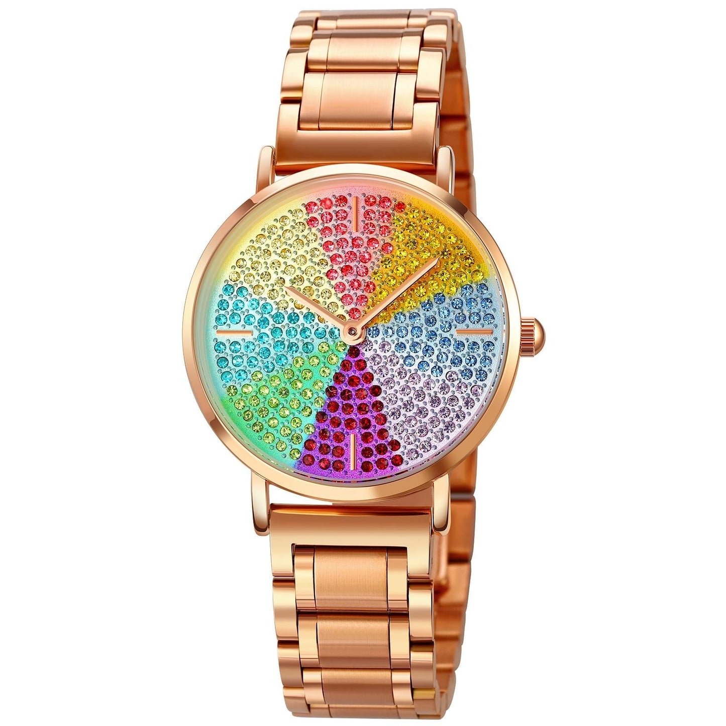 Women Rose Gold Steel Watch With Eight Colour Diamond Dial-1922443424951308295