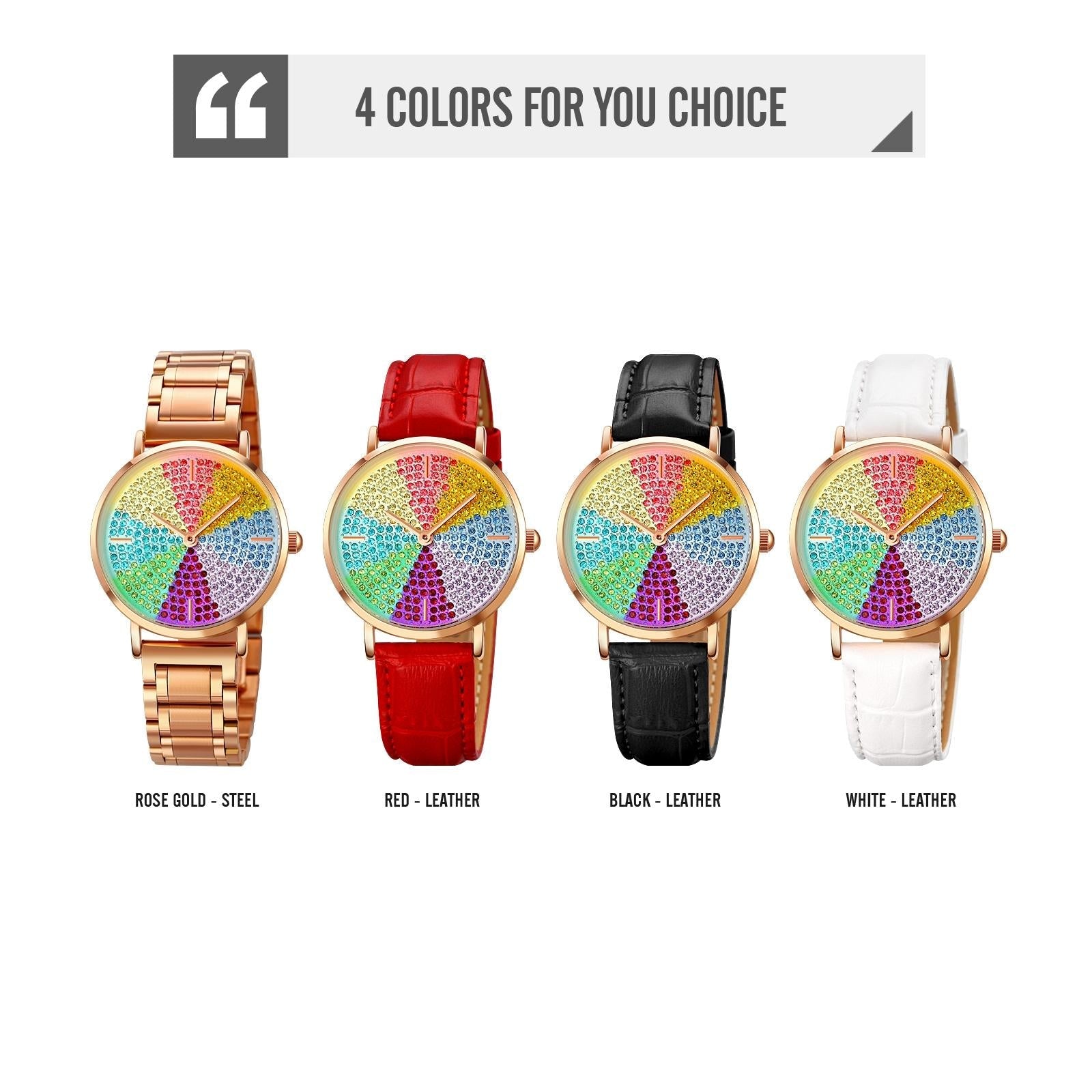 Women Rose Gold Steel Watch With Eight Colour Diamond Dial-1922443424951308289