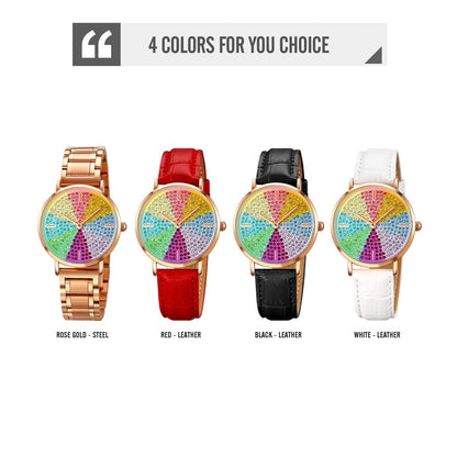 Women Rose Gold Steel Watch With Eight Colour Diamond Dial-1922443424951308289