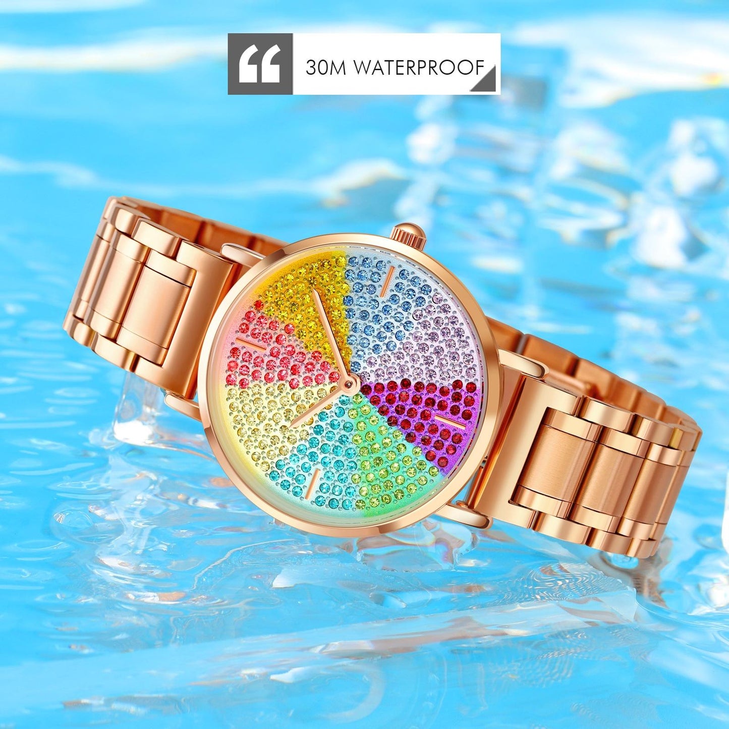 Women Rose Gold Steel Watch With Eight Colour Diamond Dial-1922443424951308291