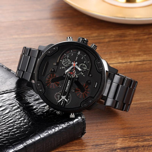 Men Dual Display Quartz Watch With Large Dial And Steel Band - Black Shell Orange Eye-1915196833660014593