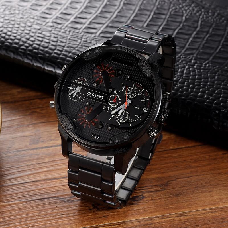 Men Dual Display Quartz Watch With Large Dial And Steel Band - Black Shell Orange Eye-1915196833660014595