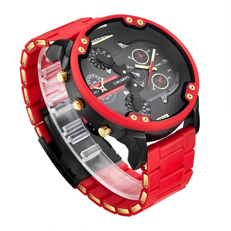 Men Red Rubberized Steel Band Watch With Dual Quartz Movement-1915196854803501058