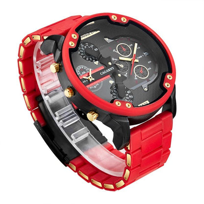 Men Red Rubberized Steel Band Watch With Dual Quartz Movement-1915196854803501058