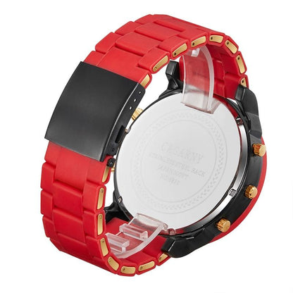 Men Red Rubberized Steel Band Watch With Dual Quartz Movement-1915196854803501059