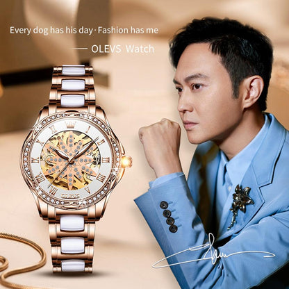 Women Waterproof Mechanical Watch With Ceramic Band - Multifunctional And Elegant-1922443431741886466