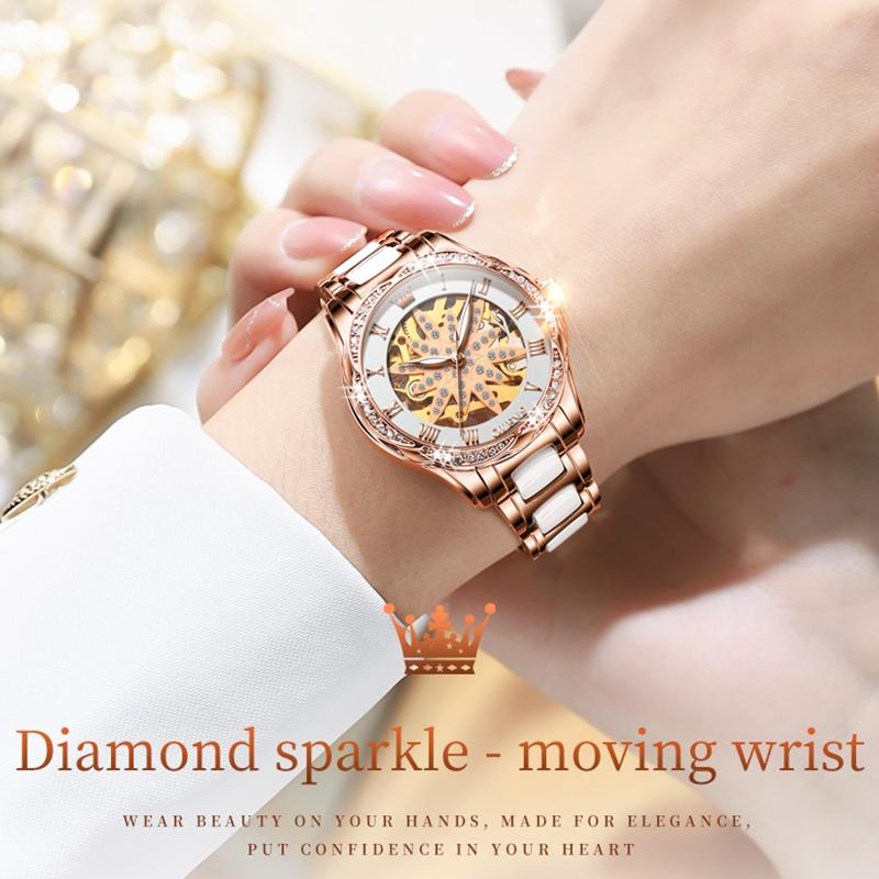 Women Waterproof Mechanical Watch With Ceramic Band - Multifunctional And Elegant-1922443431741886467