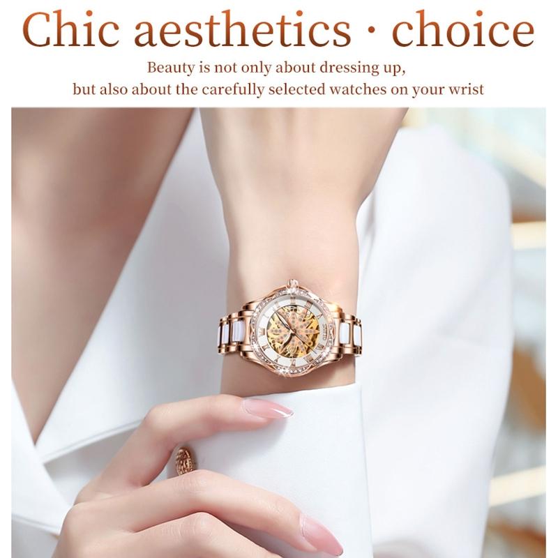 Women Waterproof Mechanical Watch With Ceramic Band - Multifunctional And Elegant-1922443431741886468