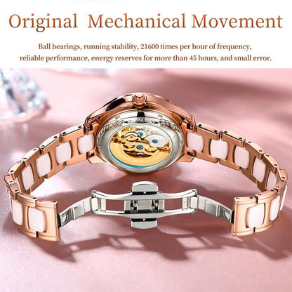 Women Waterproof Mechanical Watch With Ceramic Band - Multifunctional And Elegant-1922443431741886469