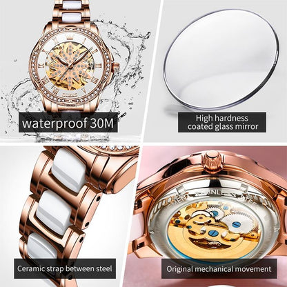 Women Waterproof Mechanical Watch With Ceramic Band - Multifunctional And Elegant-1922443431741886470