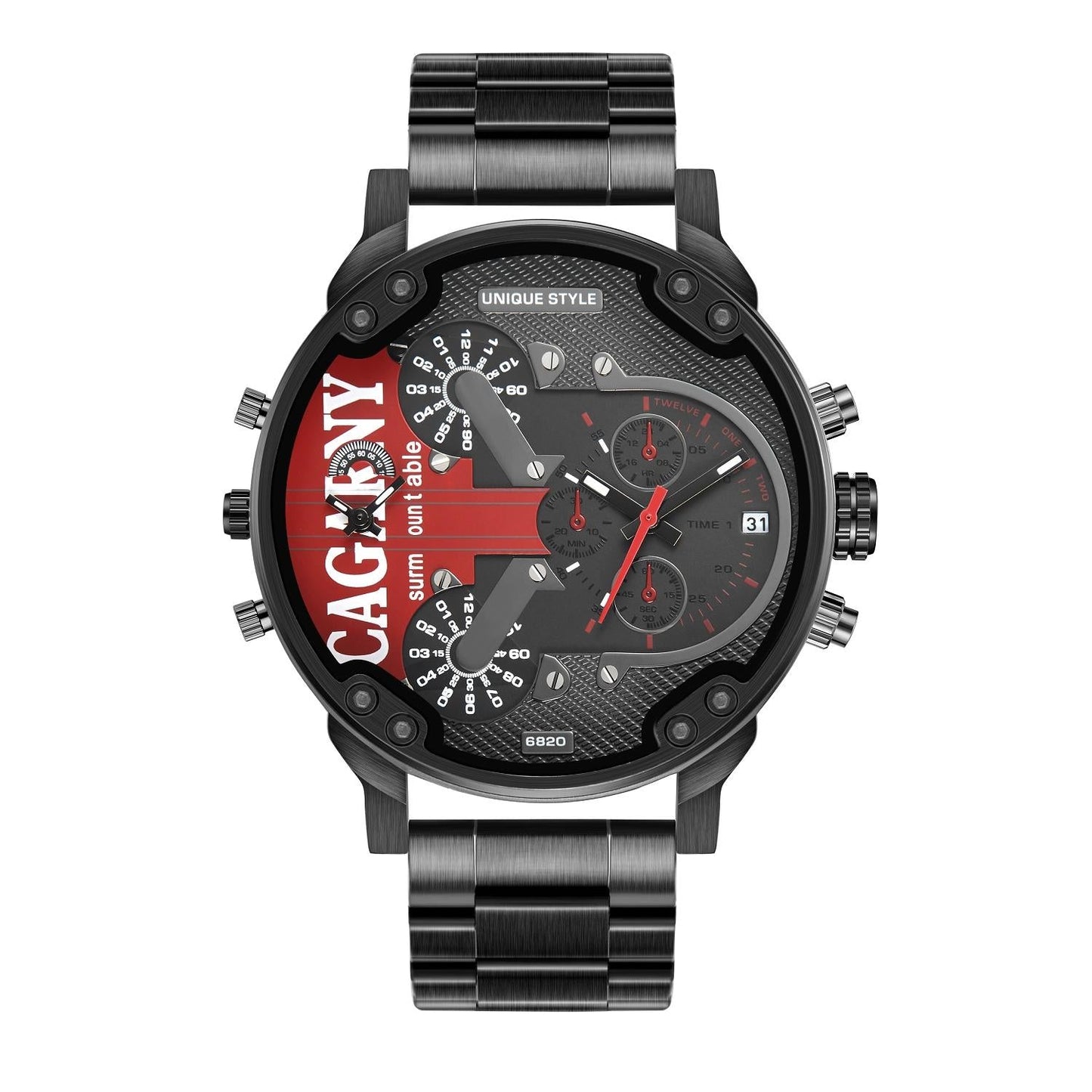 Men Dual Movement Steel Quartz Watch With Red Face And Black Strap-1915196886394998784