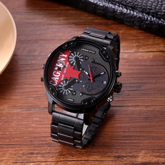 Men Dual Movement Steel Quartz Watch With Red Face And Black Strap-1915196886394998785