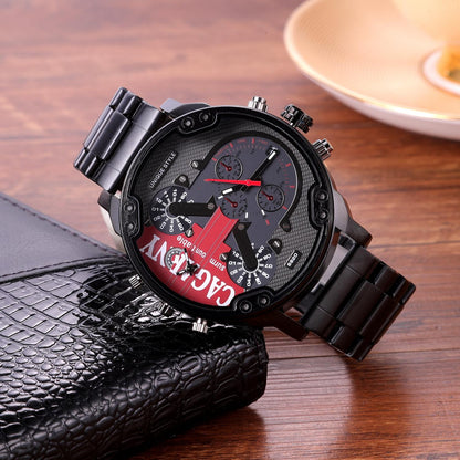 Men Dual Movement Steel Quartz Watch With Red Face And Black Strap-1915196886394998787