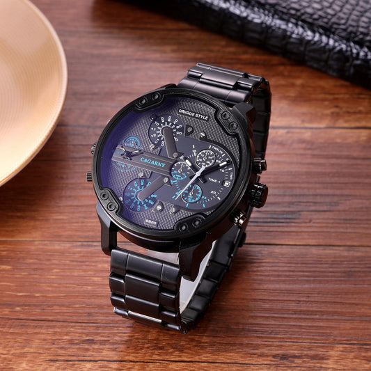 Men Dual Movement Steel Quartz Watch With Blue Face And Black Strap-1915196923267125249