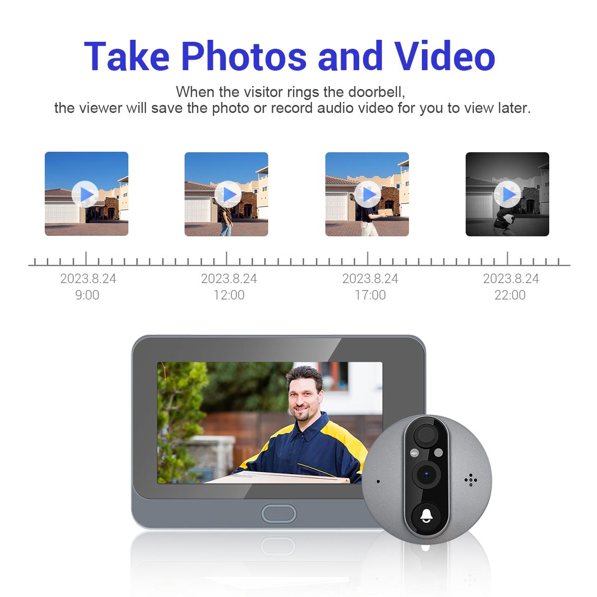 Smart Wifi Door Viewer With Wide-Angle Pir & Night Vision - 1080P 4.3 Inch Dingdong Photo - White-1915197132042801161