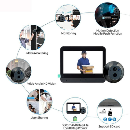 1080P Wifi Smart Cat Eye Video Doorbell - 4.3 Colour Screen - Hidden - Black-1915196938844770309