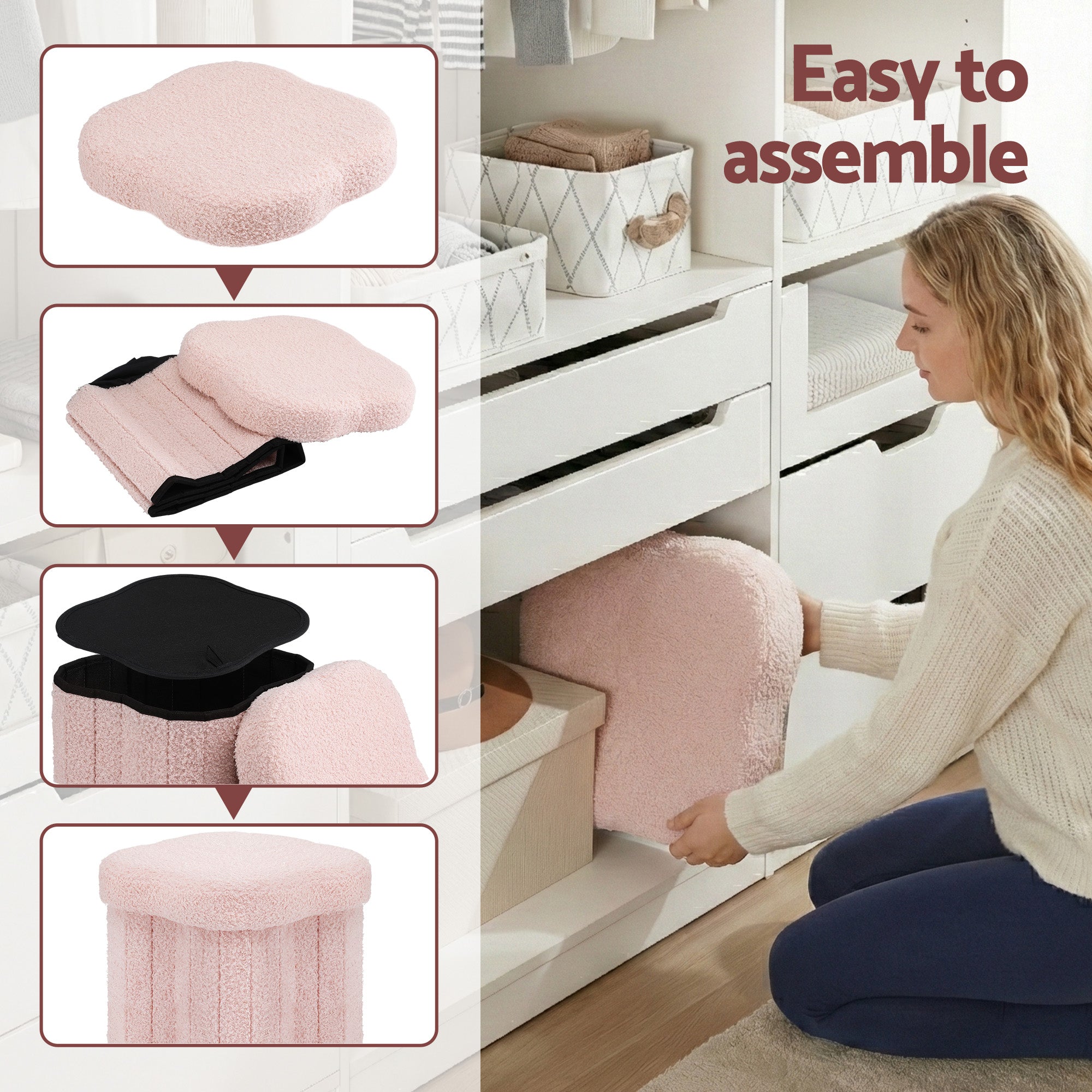 Storage Ottoman Foot Stool - Foldable Seat with Lid (Pink) - Bens Market Place