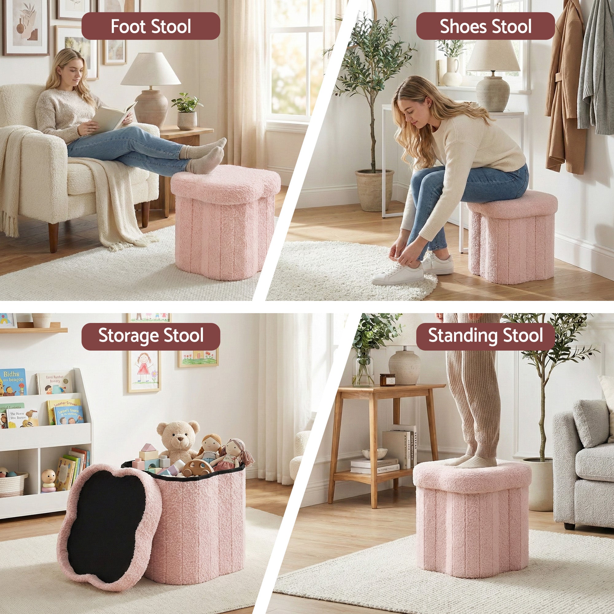 Storage Ottoman Foot Stool - Foldable Seat with Lid (Pink) - Bens Market Place