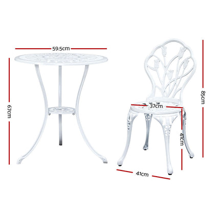 Gardeon 3PC Outdoor Setting Bistro Set Chairs Table Cast Aluminum Patio Furniture Tulip White