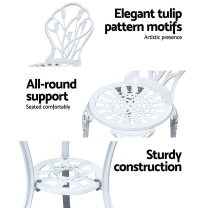 Gardeon 3PC Outdoor Setting Bistro Set Chairs Table Cast Aluminum Patio Furniture Tulip White