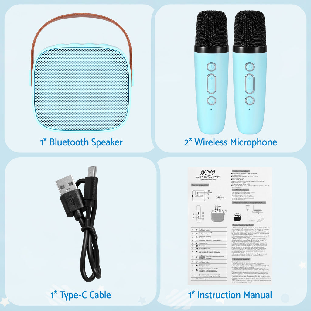 Alpha Mini Portable Karaoke Machine for Adults Kids with 2 Wireless Microphones - Bens Market Place