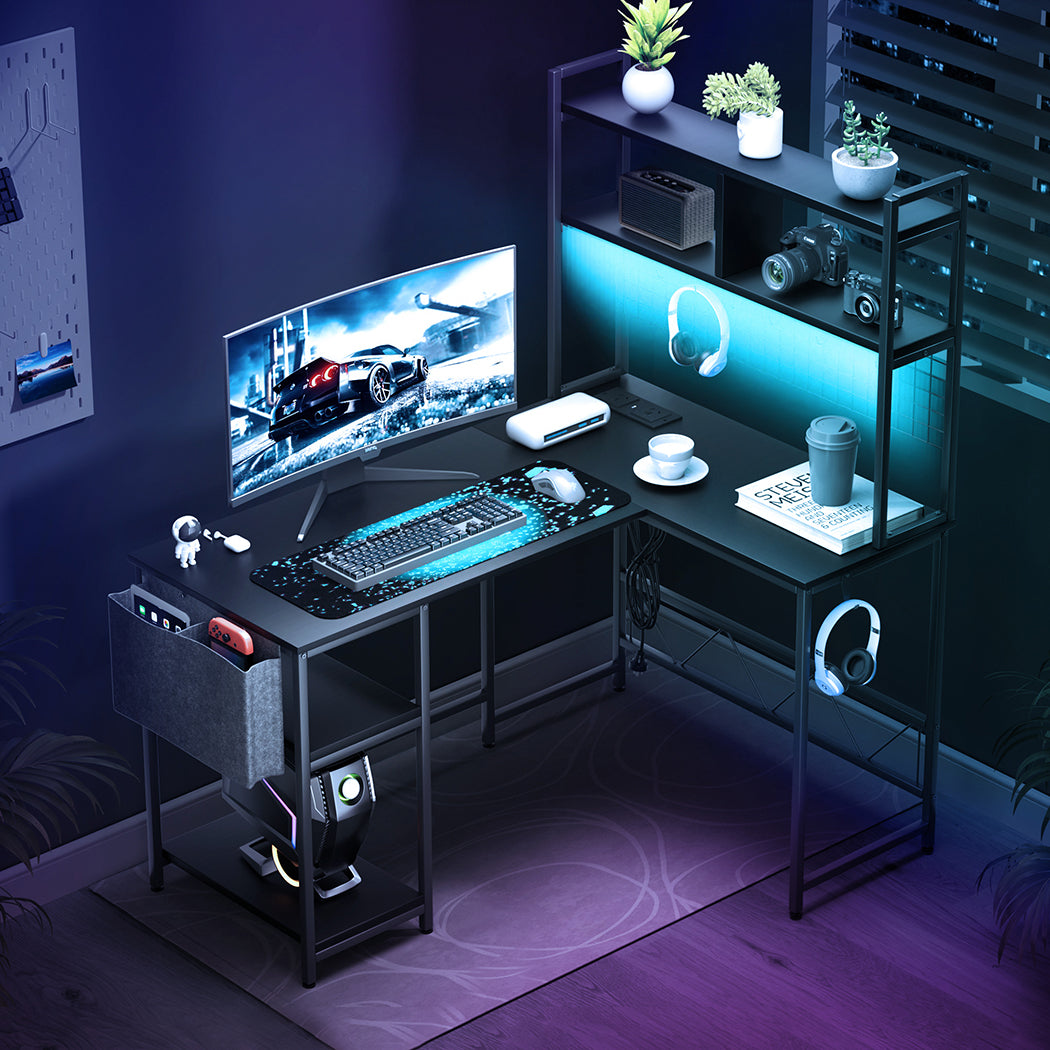 Levede L Shaped Gaming Desk with LED Lights Black-1975420366776045575