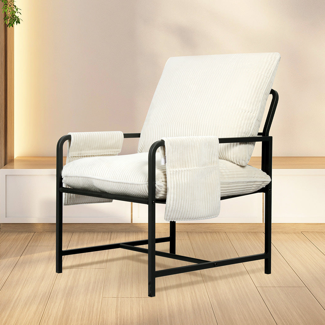 Levede Metal Framed Lounge Chair Corduroy in Beige-1973193529891098630