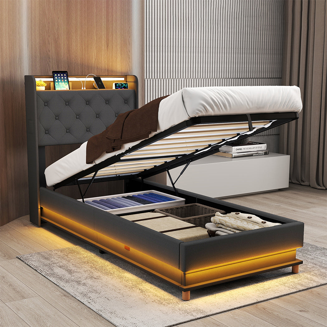 Levede Single Bed Frame Gas Lift Storage LED Light USB-1973194180511535111