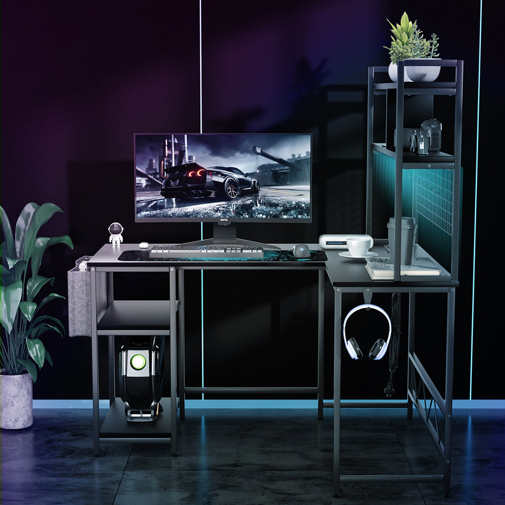 Levede L Shaped Gaming Desk with LED Lights Black-1996005489535750150